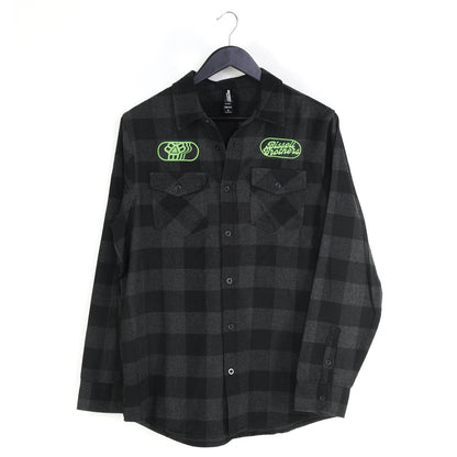 Black/Green Flannel Embroidered Button-Down