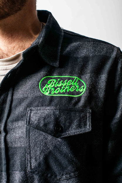 Black/Green Flannel Embroidered Button-Down