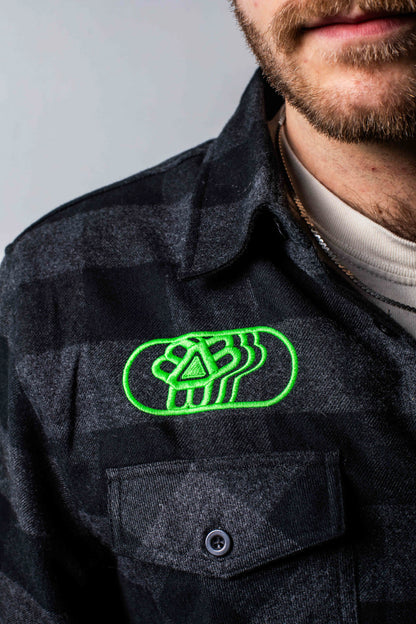Black/Green Flannel Embroidered Button-Down